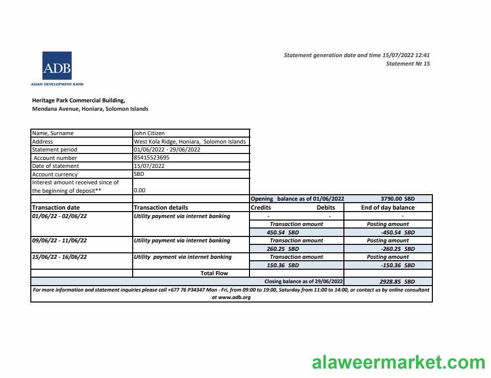 Solomon Islands ADB bank statement, Excel and PDF template